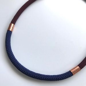 Burgundy + navy blue statement necklace with copper pieces